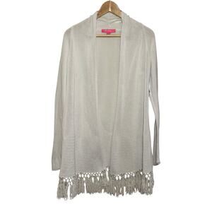 Lilly Pulitzer White Cotton Blend Open Front Fringe Hem Cardigan Sweater Small